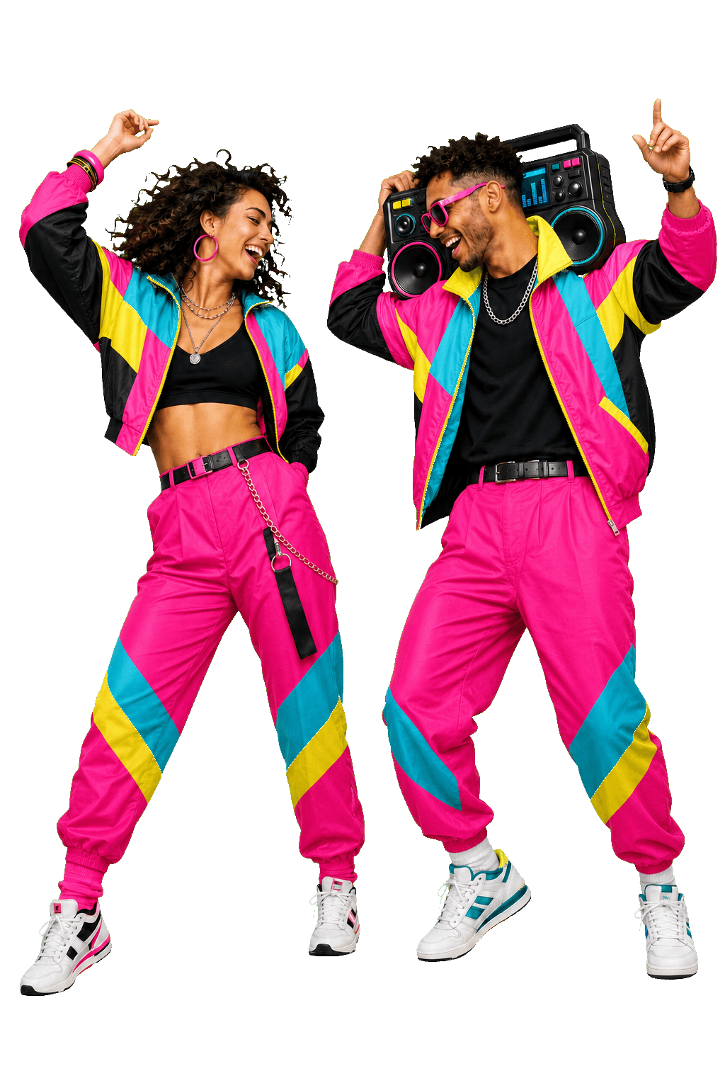 Two dancers in bright Pumpit colors celebrating with a boombox