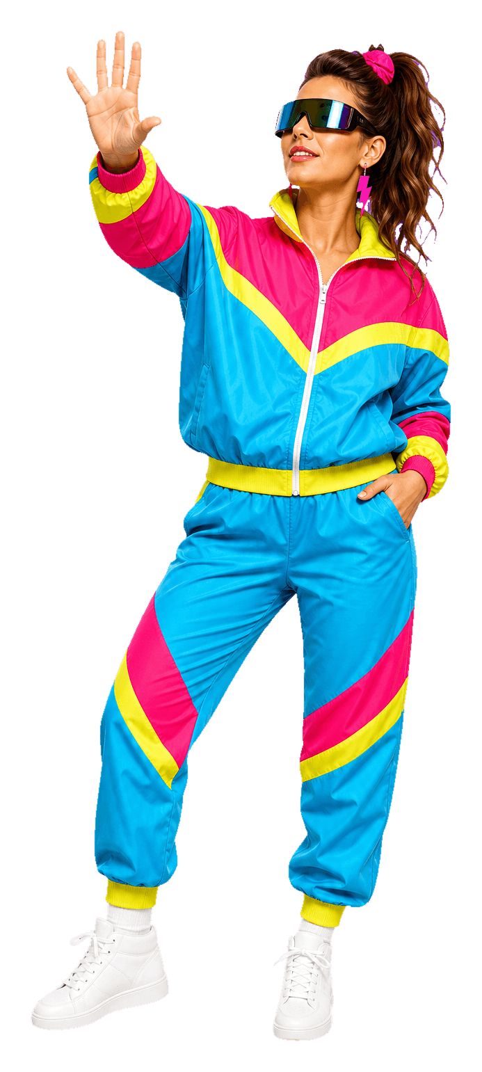 Retro-futuristic builder in a cyan, hot-pink, and yellow tracksuit reaching toward an interface