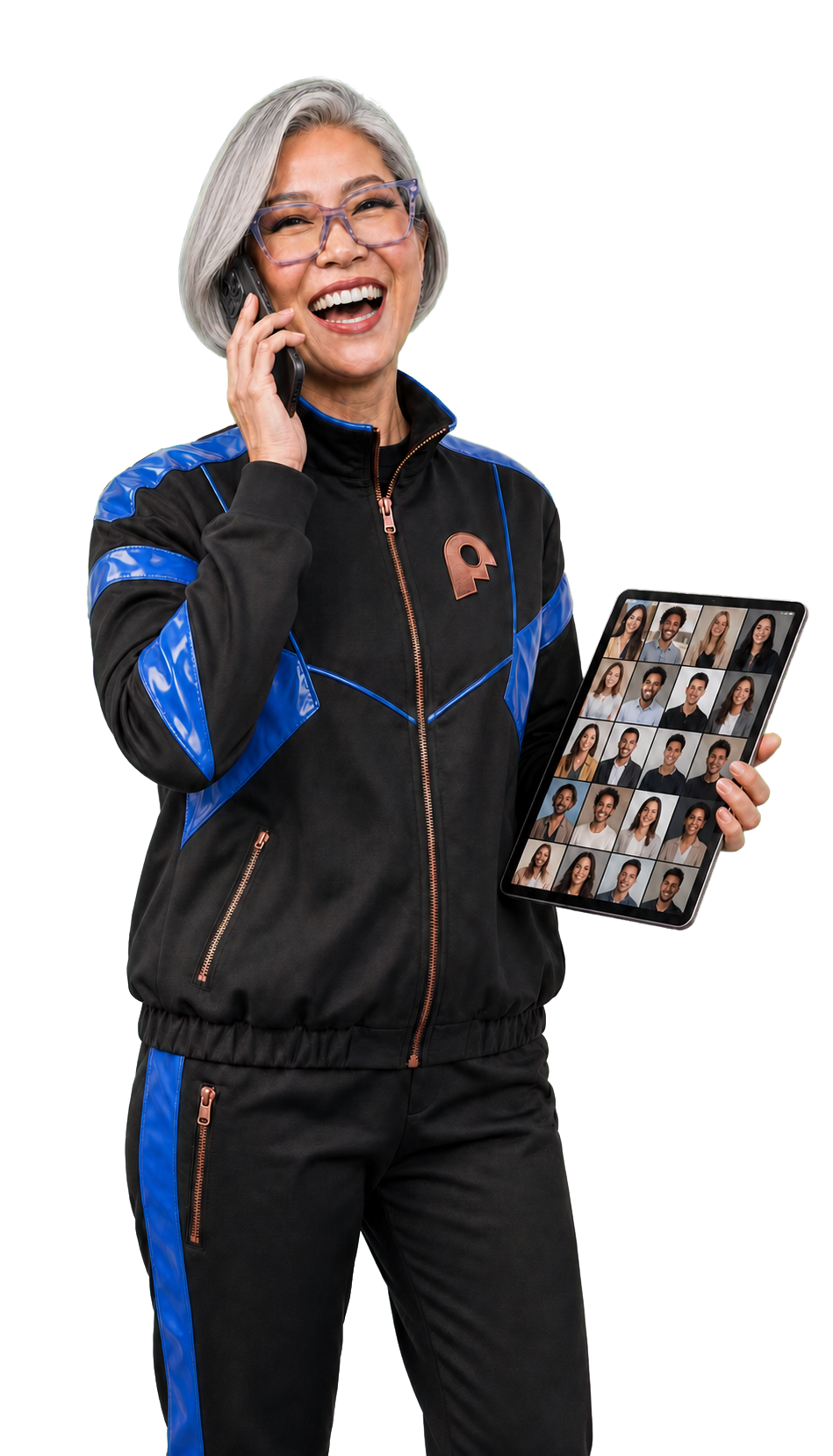 A joyful creator agency director in blue Pumpit VIP apparel taking a call while holding a creator-roster tablet