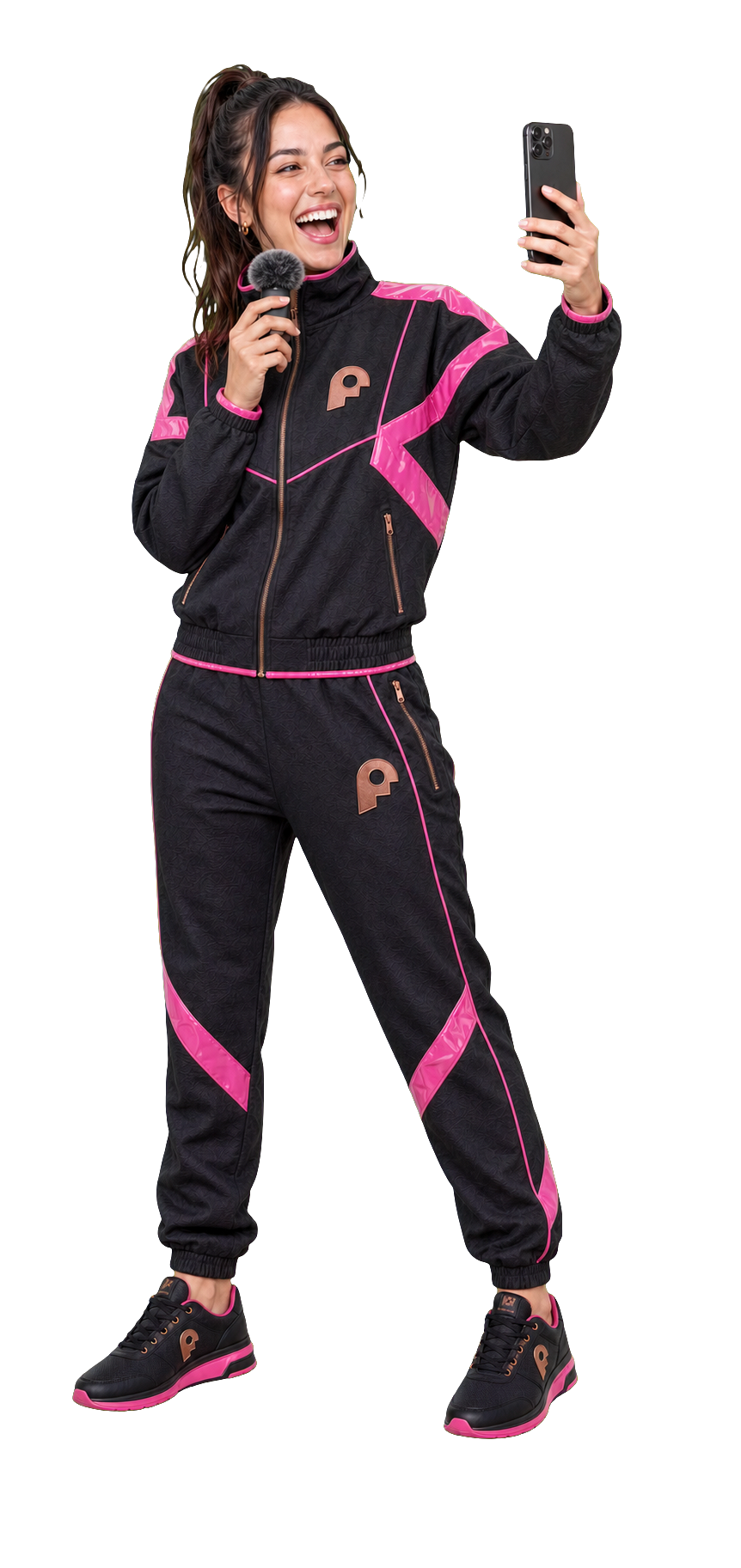 A joyful creator coach in Pumpit VIP apparel recording with a phone and microphone