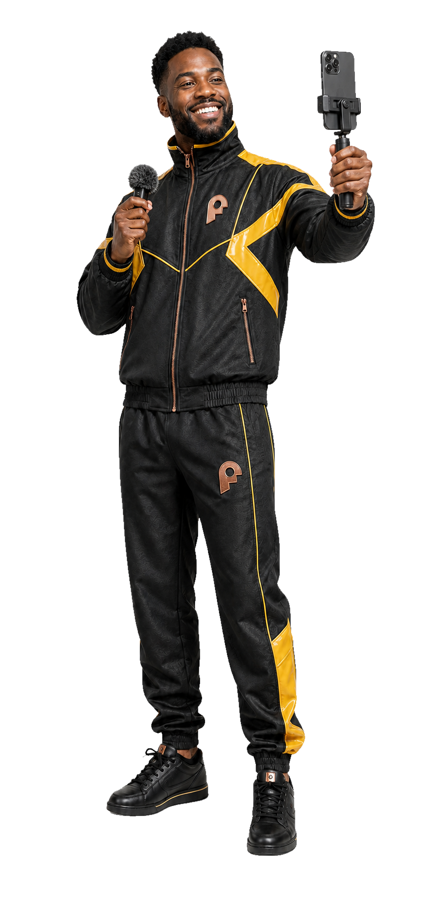 A joyful creator expert in Pumpit VIP apparel recording with a phone and microphone